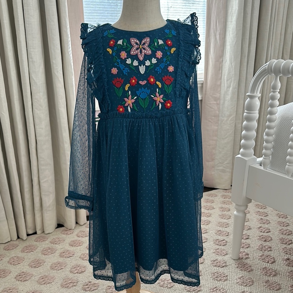 Teal Embroidered Kids Dress